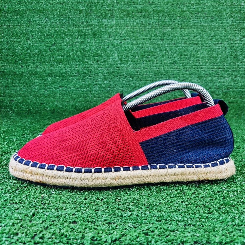 Zara Espadrilles Women Size 40 Red Navy Blue Knit Slip On Colorblock‎ Jute Flats